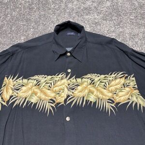 Vintage Izod Hawaiian Shirt Mens Medium Black Rayon Leaves Beach Cruise